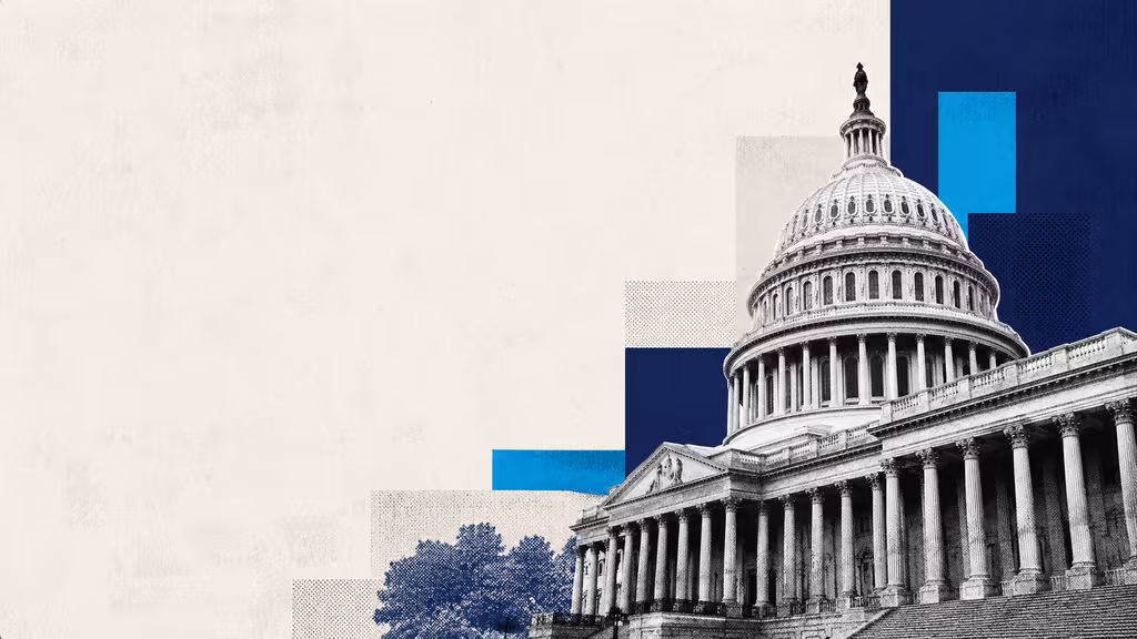 The U.S. Capitol rendered as halftone editorial collage with navy and cyan paper blocks